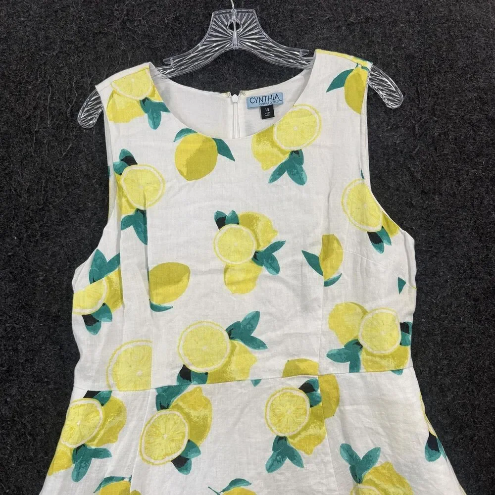 Cynthia Rowley Dress Women's 14 White Lemon Print Linen Fit Flare Pockets Fruit - Picture 2 of 8